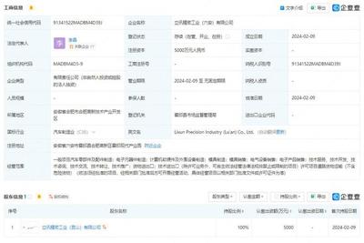 立訊精密斥資5000萬元于六安成立新公司，聚焦計算機軟硬件及配件領域